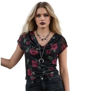 Whimsigoth Fairygrunge Sweet Lilac Women size XS Mesh Rosette Stretchy Party Top